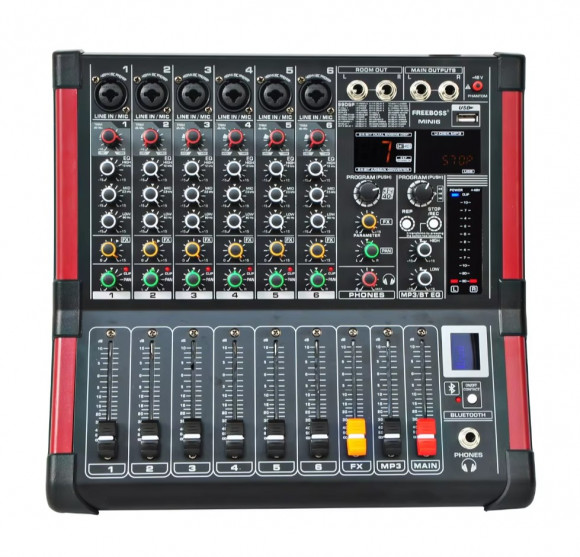 FREEBOSS MINI6 Микшерный пульт 6 моно каналов + 48 В, BT/USB плеер, 99 эффект FREEBOSS MINI6 Микшерный пульт 6 моно каналов + 48 В, BT/USB плеер, 99 эффект