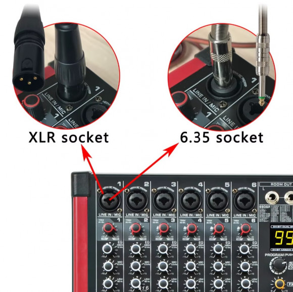 FREEBOSS MINI6 Микшерный пульт 6 моно каналов + 48 В, BT/USB плеер, 99 эффект FREEBOSS MINI6 Микшерный пульт 6 моно каналов + 48 В, BT/USB плеер, 99 эффект