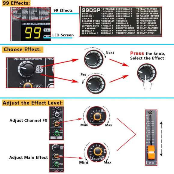 FREEBOSS MINI6 Микшерный пульт 6 моно каналов + 48 В, BT/USB плеер, 99 эффект FREEBOSS MINI6 Микшерный пульт 6 моно каналов + 48 В, BT/USB плеер, 99 эффект